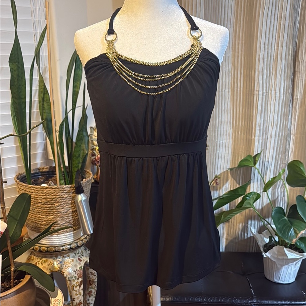 APT9 Elegant Black Halter Top with Gold Chain Detail w/ Stretch Bralette liner